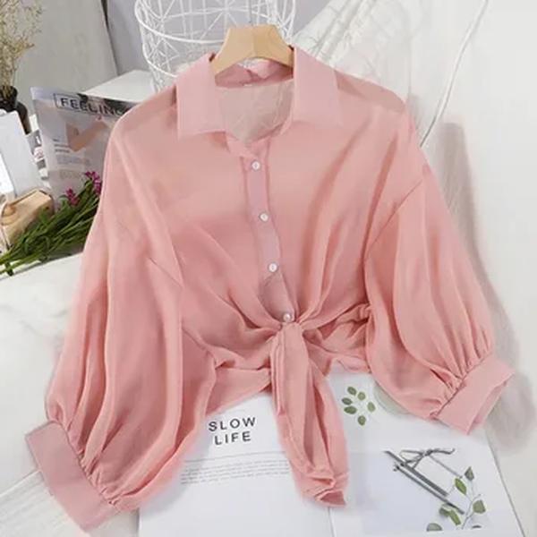 Camisa de meia manga de botão feminina, blusa casual solta oca, roupa branca, monocromática, cintura amarrada, morcego, verão, elegante, 9776