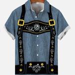 Camisa havaiana de manga curta masculina, macacão xadrez azul, traje de vestir, camisas Oktoberfest, blusas de praia, moda clássica