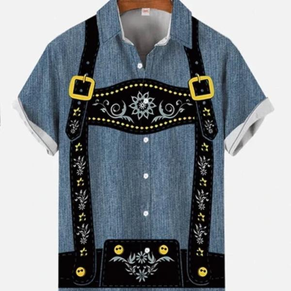 Camisa havaiana de manga curta masculina, macacão xadrez azul, traje de vestir, camisas Oktoberfest, blusas de praia, moda clássica