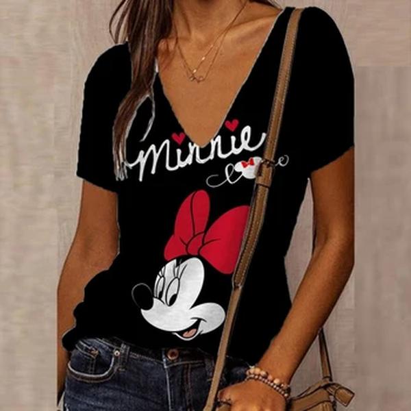 Disney-Camiseta feminina estampada de Mickey Mouse, roupas femininas, camisetas, moletom Harajuku feminino, blusa com decote em v, tops de manga curta, verão