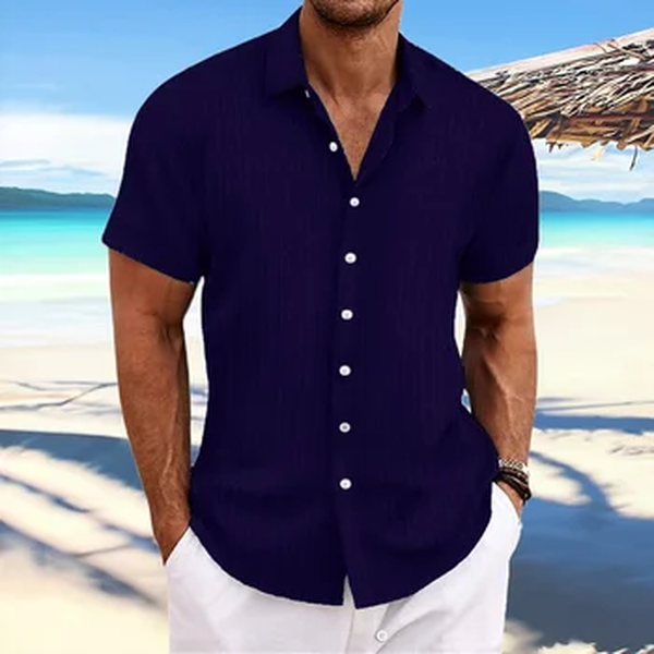 Camisa listrada de linho manga curta masculina, top jacquard, casual lapela folga, roupa de praia, camisa havaiana de alta qualidade, Ins Fashion