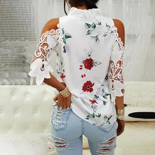 Blusa feminina estampada com flor oca sem alças, tops casuais femininos, elegante com decote em v, camisa renda de manga curta, verão, sexy, 19361