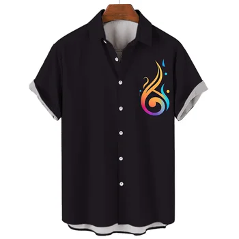 Camisa havaiana de gola grande masculina, blusas de rock and roll, tops estampados de guitarra musical, moda casual, verão