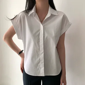 Blusa de manga curta feminina, lapelas simples, camisa versátil, moda casual verão, cor sólida, camisa versátil