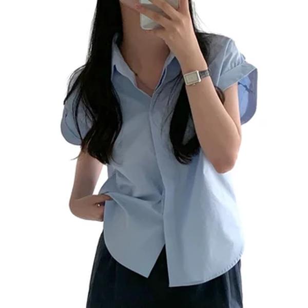 Blusa de manga curta feminina, lapelas simples, camisa versátil, moda casual verão, cor sólida, camisa versátil