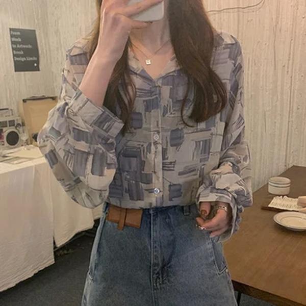 Camisa solta vintage de manga longa para mulheres, gola virada para baixo, blusas chiques, streetwear, todos os fósforos, tops grandes, femininos, verão