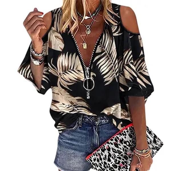 Manga curta feminina fora do ombro, blusa casual, zíper, decote em v, camiseta de vestir solta, camisa feminina, roupas de verão