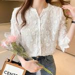 Blusa feminina de renda de algodão, manga curta, Tops verão, floral bordada, camisa branca, moda casual, 9638