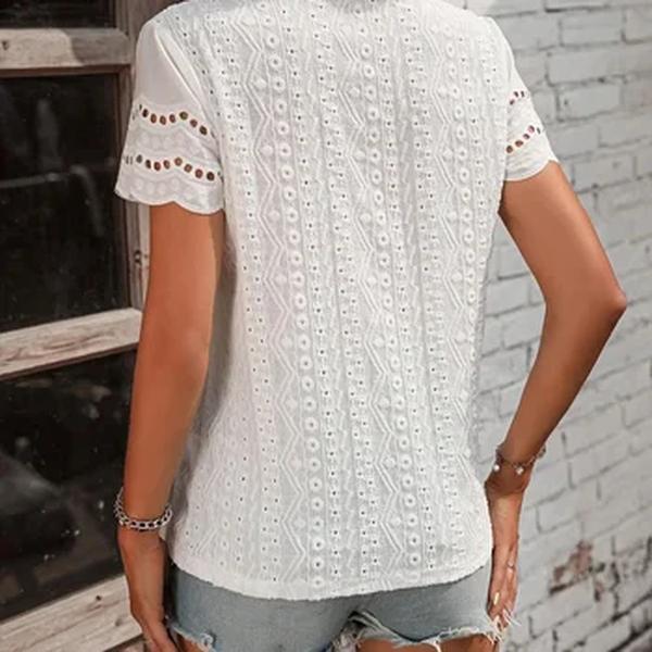 Mulheres gola redonda camisa de manga curta, blusa elegante, top versátil, oco para fora, temperamento, tamanhos S-2XL