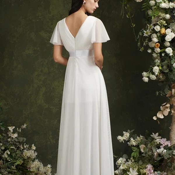 Vestidos de casamento marfim simples para mulheres, puffer A-line, manga curta, decote em v, plissado, tule, costas abertas, vestidos de noiva com cinto