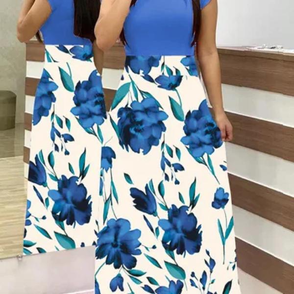 Vestido estampado floral de manga comprida para mulheres, estilo europeu e americano, saia grande, combinando cores, saia longa, 2023