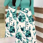 Vestido estampado floral de manga comprida para mulheres, estilo europeu e americano, saia grande, combinando cores, saia longa, 2023