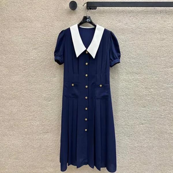 Vestido longo em patchwork estilo preppy feminino, colarinho Peter Pan, manga curta, botões dourados, vestidos casuais pregas, moda nova, verão, 2022