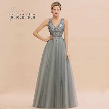 Babyonline-Vestidos sem encosto com decote em v para mulheres, lantejoulas, miçangas brilhantes, tule, vestido sexy, robe de festa formal
