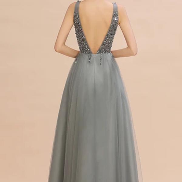 Babyonline-Vestidos sem encosto com decote em v para mulheres, lantejoulas, miçangas brilhantes, tule, vestido sexy, robe de festa formal