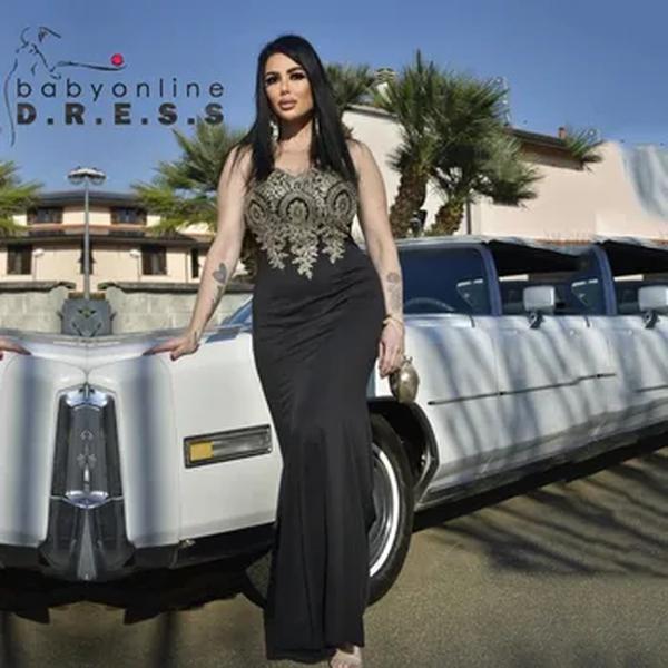 BABYONLINE-até o chão Vestidos de noite, Vestidos Apliques Linha Dourada, Saia Sereia, Vestido de festa formal