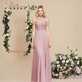 Babyonline rosa vestido de dama de honra pérolas ilusão manga curta boho festa de casamento vestidos de hóspedes chiffon a linha vestidos femininos