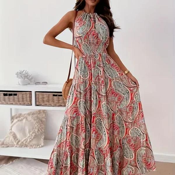 Vestido de cintura alta sem mangas feminino, Comprimento Midi, Cor Contraste, Elegante, Solto, Verão, Moda Praia, Feminino, Novo, 2022