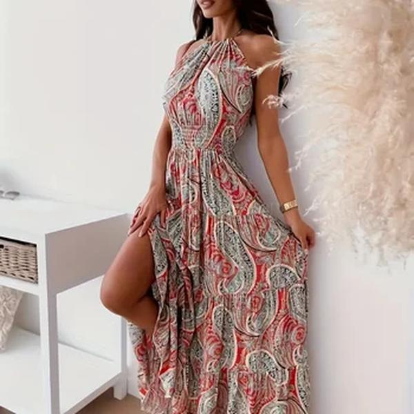 Vestido de cintura alta sem mangas feminino, Comprimento Midi, Cor Contraste, Elegante, Solto, Verão, Moda Praia, Feminino, Novo, 2022