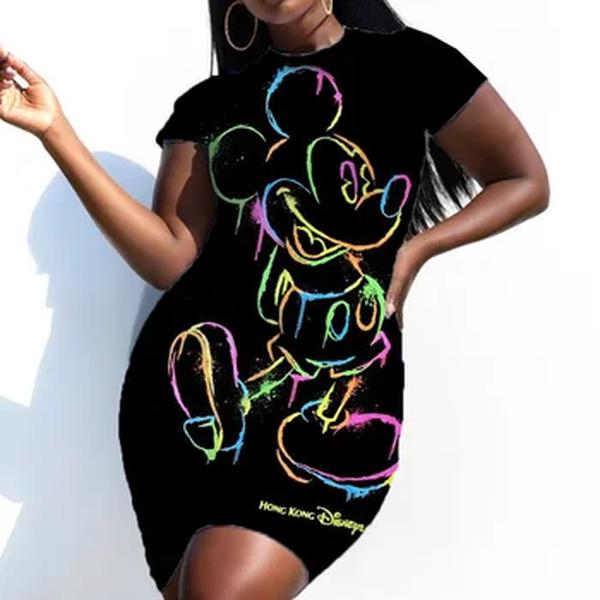 Disney-Minnie Mickey Mouse feminino com estampa arco elegante vestido lápis, bainha simples, vestidos de escritório, manga curta, casual, verão