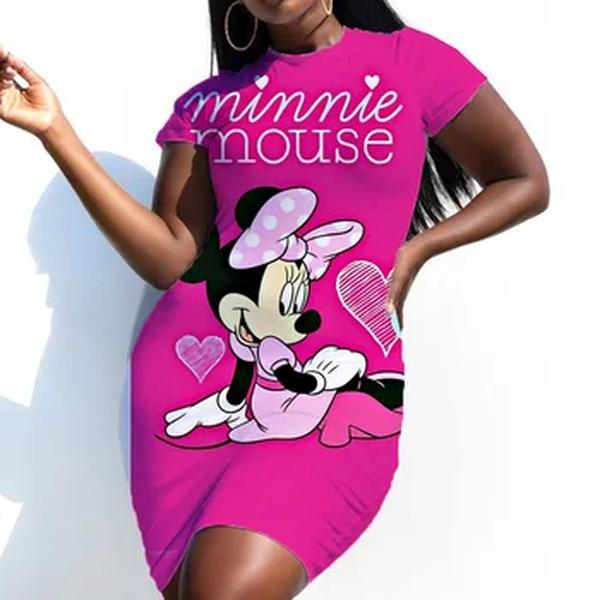 Disney-Minnie Mickey Mouse feminino com estampa arco elegante vestido lápis, bainha simples, vestidos de escritório, manga curta, casual, verão