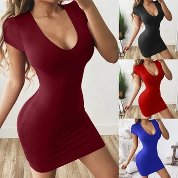Vestido de quadril apertado monocromático, manga curta, magro, festa à noite, Europa, Estados Unidos, sexy, coleção de moda