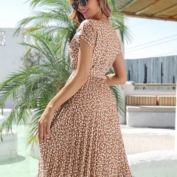 Vestido longo plissado floral feminino, linha A, manga curta, cintura alta, chique, primavera, verão, moda