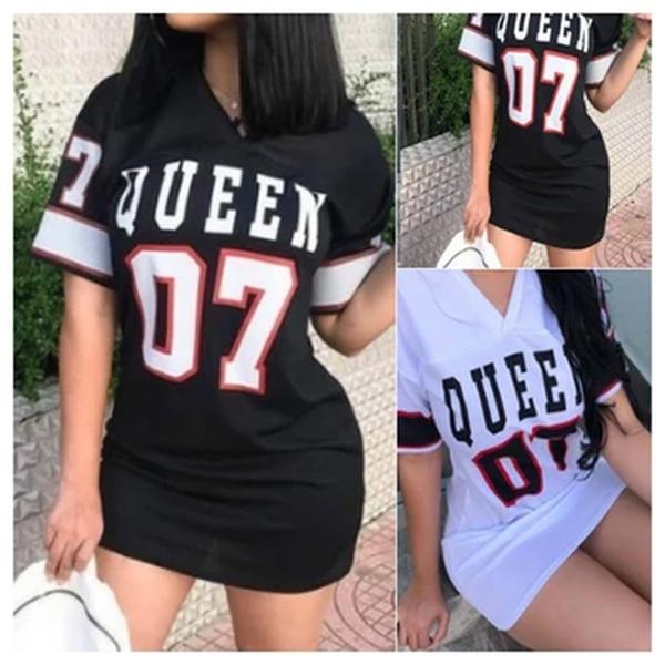 Vestido estampado de rainha feminino, manga curta, vestido de basquete, estilo esportivo, roupa feminina solta, streetwear, moda, decote em v, sexy, loungewear