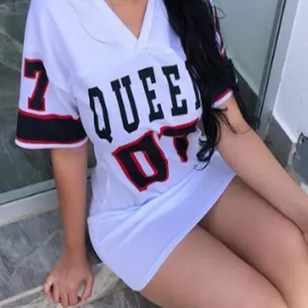 Vestido estampado de rainha feminino, manga curta, vestido de basquete, estilo esportivo, roupa feminina solta, streetwear, moda, decote em v, sexy, loungewear