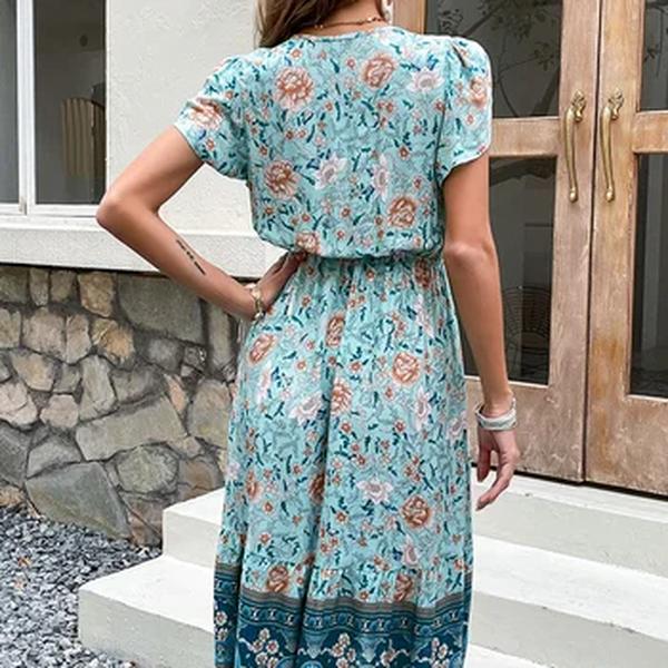 Vestido Boho Midi com estampa floral verde feminino, elegante vestido curto manga pétala, festa, férias, roupas de praia, feminino, verão, 2023