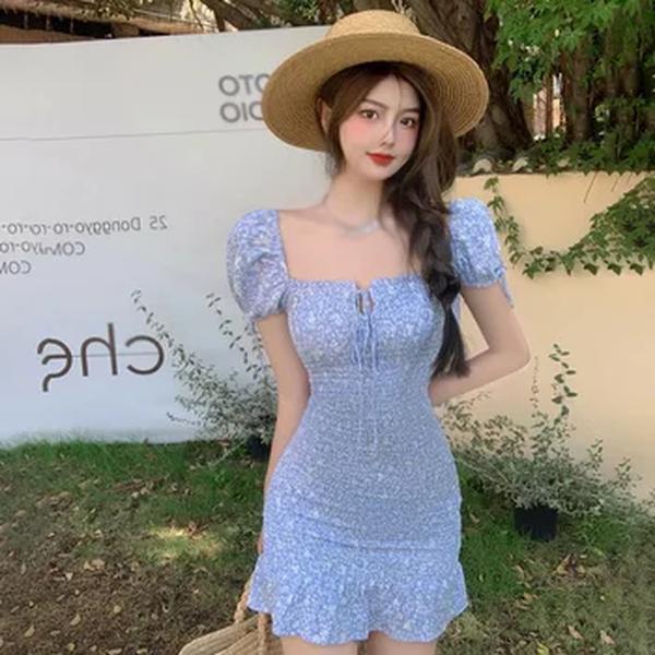 Vestido de pescoço quadrado com cordões feminino, oco, magro, sexy, doce, estampa formal