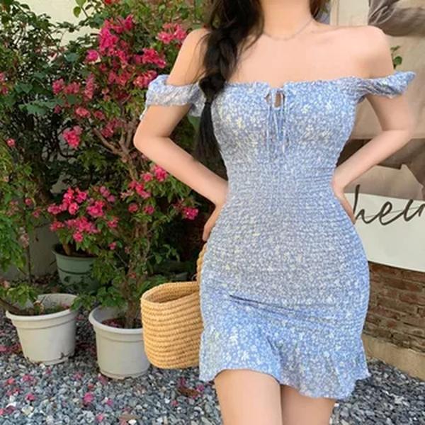 Vestido de pescoço quadrado com cordões feminino, oco, magro, sexy, doce, estampa formal