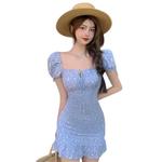 Vestido de pescoço quadrado com cordões feminino, oco, magro, sexy, doce, estampa formal