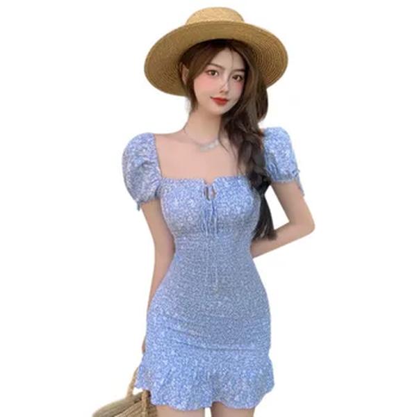 Vestido de pescoço quadrado com cordões feminino, oco, magro, sexy, doce, estampa formal