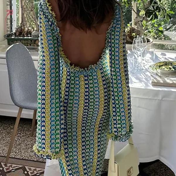 Lanmrem-Vestido feminino de renda sem costas, cor contrastante, mangas compridas, vestidos finos, nova moda, roupas de verão, 32C825, 2024