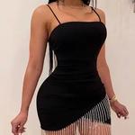 Vestido feminino sem mangas borla Split Bodycon, suspensor elegante, curto, mini lápis, vestidos sexy, noite, Birthday Party, novo, verão