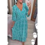 Vestido floral com decote em v feminino com mangas cortadas, casual, solto, elegante, elástico na cintura, linha A, saia longa, novo