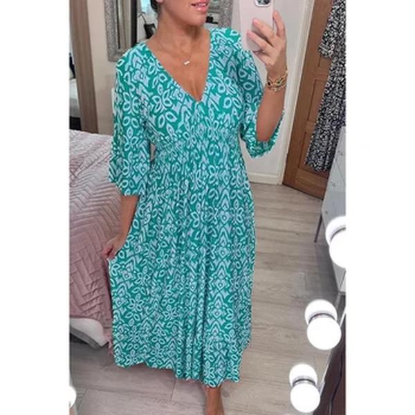 Vestido floral com decote em v feminino com mangas cortadas, casual, solto, elegante, elástico na cintura, linha A, saia longa, novo