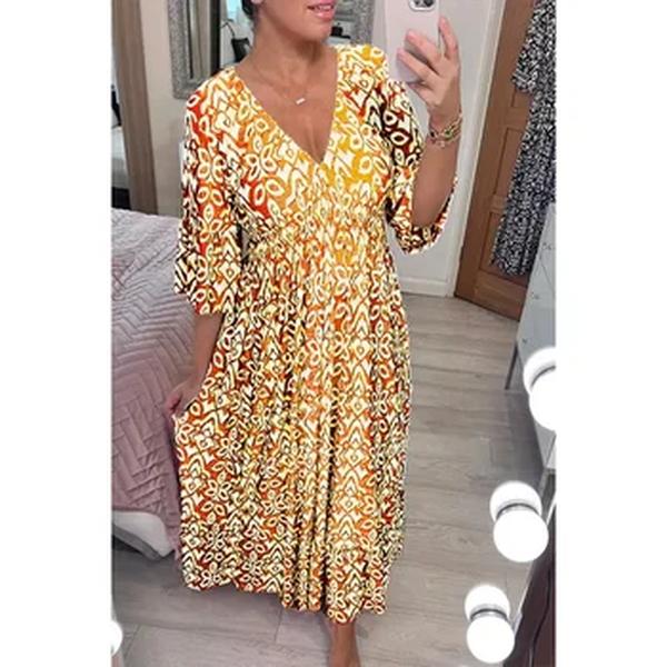Vestido floral com decote em v feminino com mangas cortadas, casual, solto, elegante, elástico na cintura, linha A, saia longa, novo
