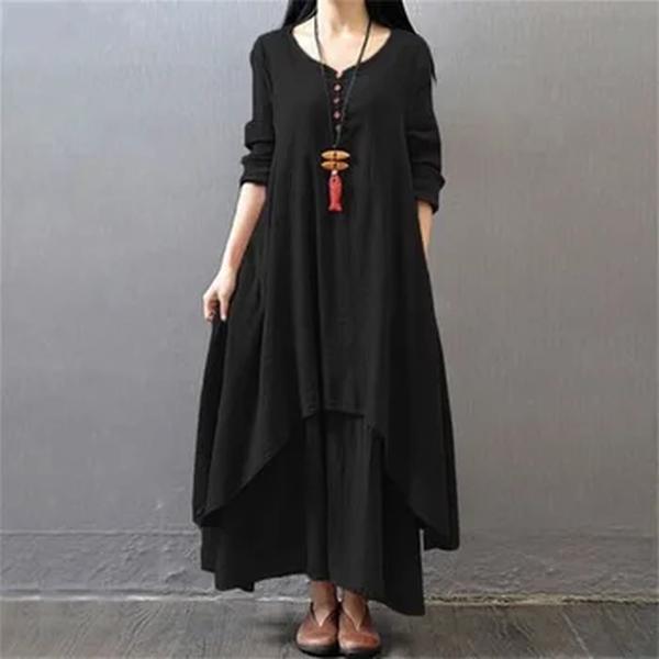 Vestido solto de manga comprida feminino, vestido de linho algodão, boémia, túnica vintage em camadas, elegante, chique, outono