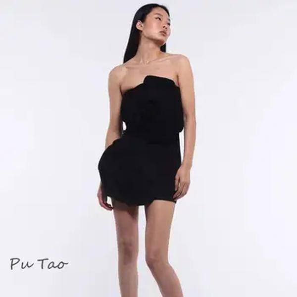 Putao-Vestidos de festa sem alças para mulheres, apliques chiques e elegantes, retalhos de flores grandes, mini vestido sem luvas