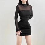 As mulheres vêem através do vestido preto bodycon, roupas de manga comprida, slim streetwear sexy, patchwork moda outfits