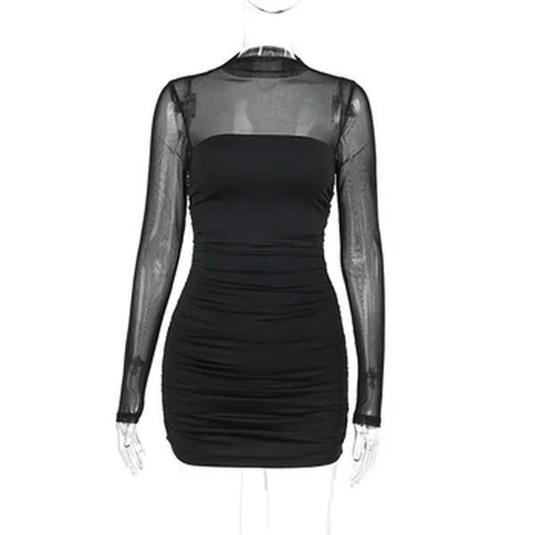 As mulheres vêem através do vestido preto bodycon, roupas de manga comprida, slim streetwear sexy, patchwork moda outfits