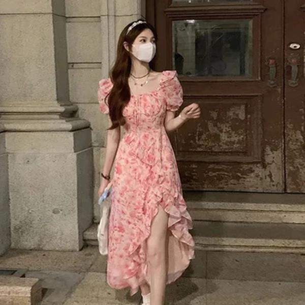 Manga curta praia Midi Vestido, Floral, Elegante, Francês, One Piece