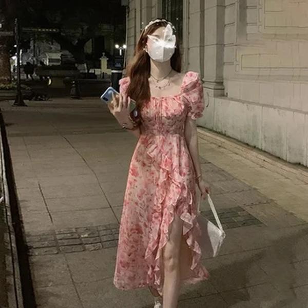 Manga curta praia Midi Vestido, Floral, Elegante, Francês, One Piece