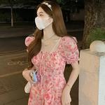 Manga curta praia Midi Vestido, Floral, Elegante, Francês, One Piece