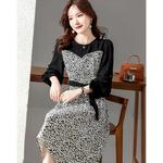 Saia solta de manga comprida feminina, vestido coreano com renda em retalhos, vestido primavera, novo, 2022