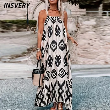Vestido maxi sem mangas casual feminino, estampado vestidos de festa, boho, longo, praia, feriado, verão