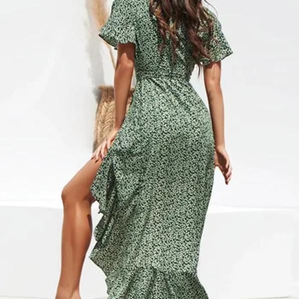 Vestido maxi estampado floral feminino, vestido longo de chiffon boho, babados, decote em v casual, dividido, vestido de festa sexy, praia, verão