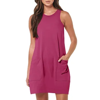 Vestido de verão vintage sem mangas feminino com bolsos, gola redonda, monocromático, casual, curto, praia, férias, vestidos regatas, verão